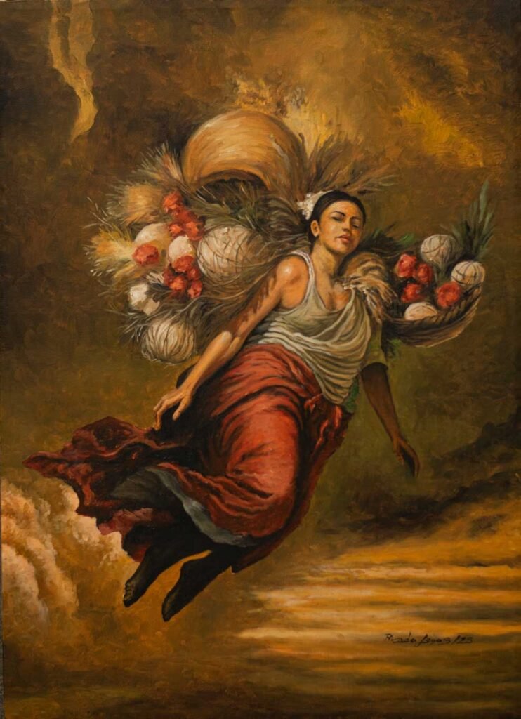 Exposiciones mujer con frutas y flores