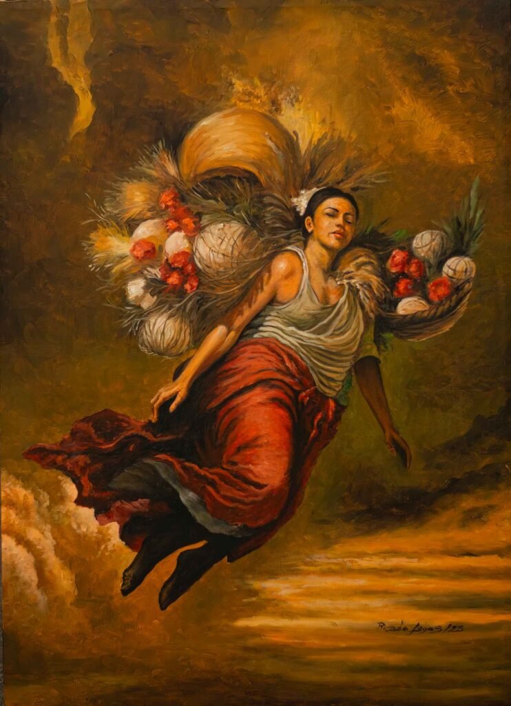 Mujer del paraíso mujer con frutas y flores