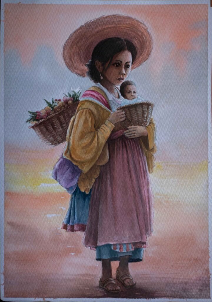 desde mi paraíso mujer con niño y canasta de frutas